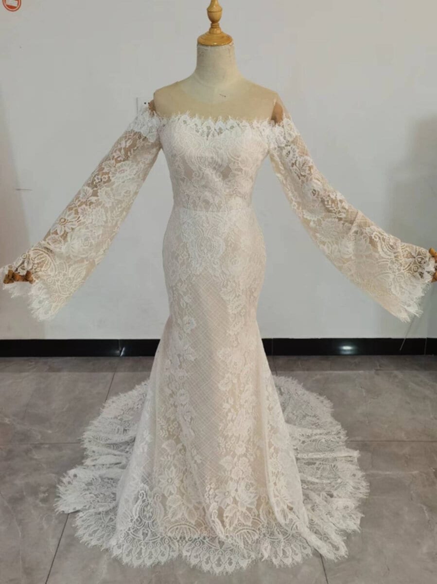 フランス風 オフショル レース ウエディングドレス オフホワイト マーメイドライン 結婚式/披露宴/挙式