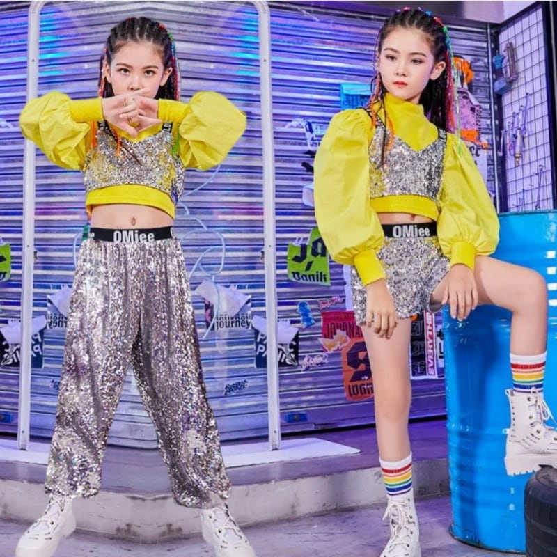 キッズダンス衣装ヒップホップスパンコール3点セット長袖ブラウスベストショートパンツロングパンツ女の子へそ出しキラキラドラムジャズダンスステージ衣装おしゃれ子供服上下セット応援団チアダンス体操服Kpop