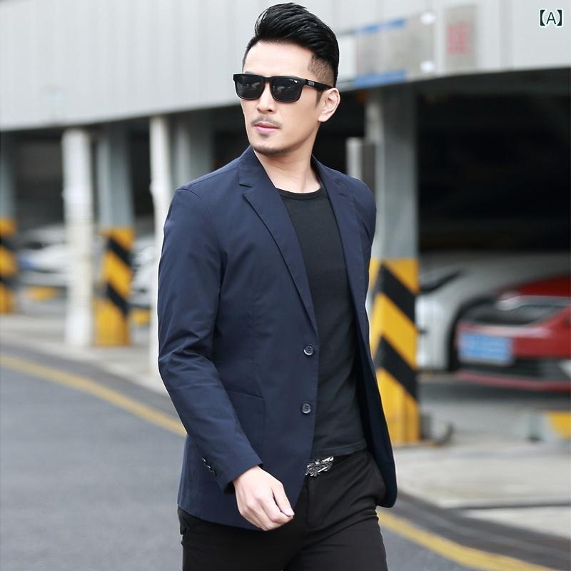 スーツ　ジャケット　カジュアル カジュアル スーツ メンズ 薄手 トップス 2025 春秋 無地 シングル ジャケット スリム ブルー