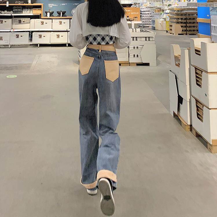 ジーンズ デニム パンツ レディース バイカラー 個性的 可愛い ボトムス ズボン ロング丈 秋 ライトブルー 青 無地 大きいサイズ ジッパー ジップ ハイウエスト ワイドレッグ ストレート シンプ