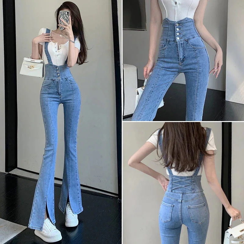 デニムパンツ スラックスパンツ サロペット ハイウエスト スリミング ウエスト引き締め 着痩せ デニム オーバーオール 若見え おしゃれ 個性 スリット フレアーパンツ 質感 オールインワンパンツ 母