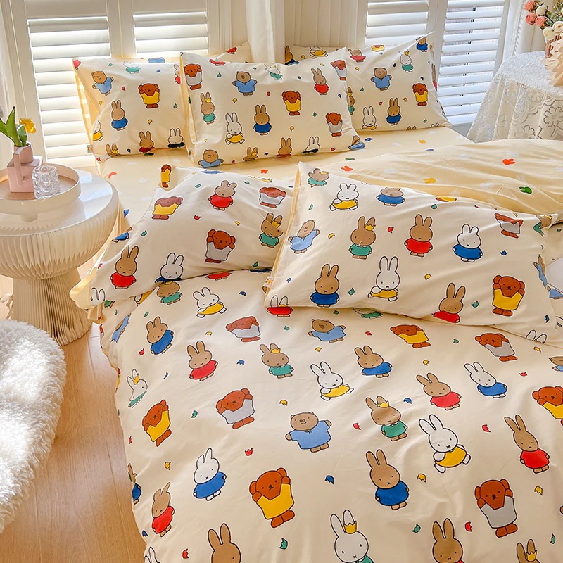 ミッフィー 布団カバーかわいいミッフィーウサギのコットン4点セットフルコットンベッドシーツと掛け布団カバーシングル点フルセット3