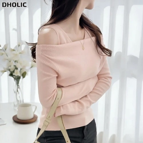 ソフトスリムレイヤード風ドレープオフショルダーラウンドネックニット・1956457 4,841円