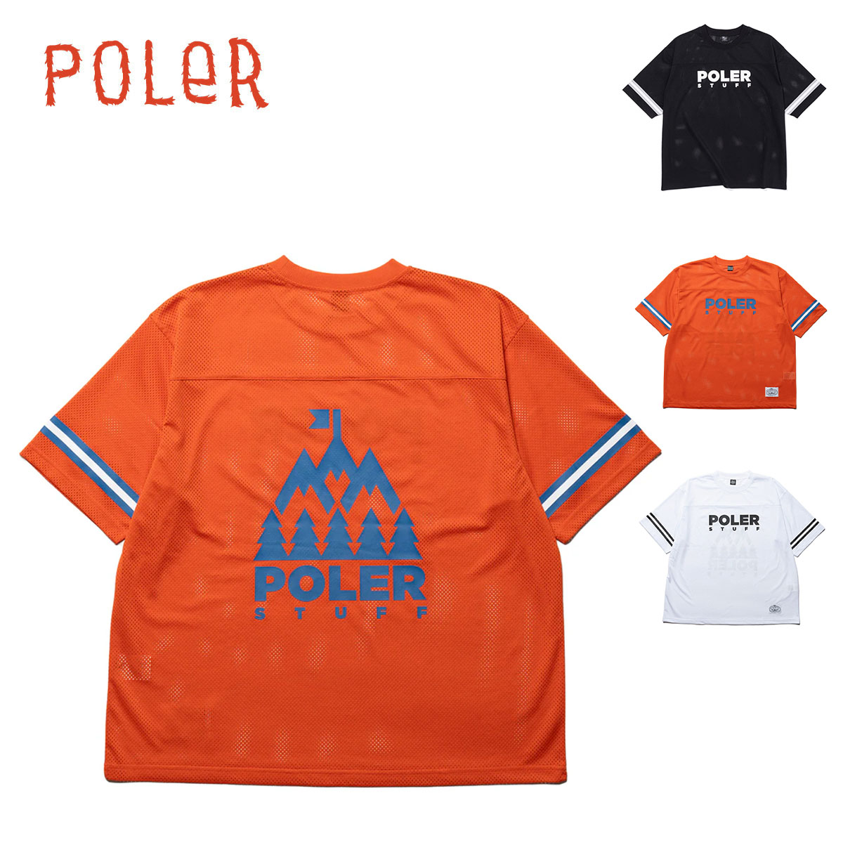 Tシャツ 半袖 S/S MESH JERSEY メッシュ ジャージ フットボールジャージ バックプリント フロントプリント ブランドロゴ ブラック オレンジ ホワイト アウトドア