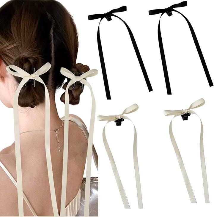リボン髪飾り リボン結び クリップ 誕生日 発表会 花火大会 成人式 入学式黒2個入り+白2個入り 合計4個(ブラック)