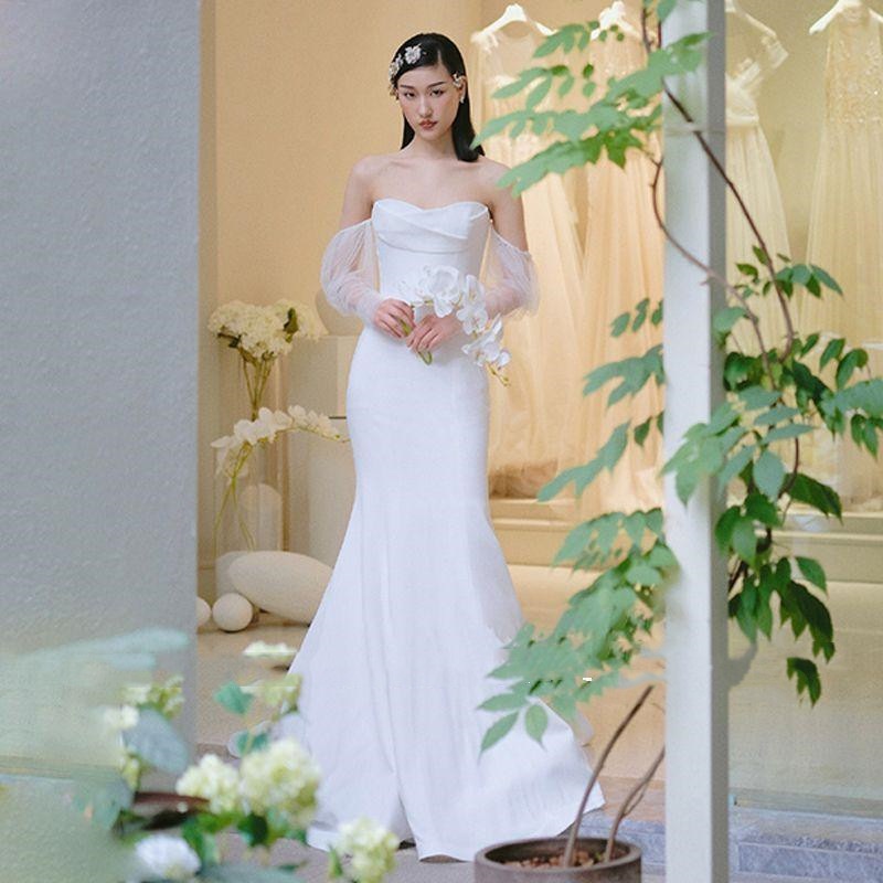 ウェディングドレス ロングドレス マーメイドライン 結婚式 ウエディングドレス 二次会 花嫁 前撮り エレガント ホワイト フォトウェディング ガーデンフォト