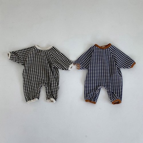 2023春秋 韓国風子供服 ベビー服 男女兼用 おしゃれ 長袖 ロンパースチェック柄連体服 ブルー 66cm /サイズ色問わず合計3点から 2581