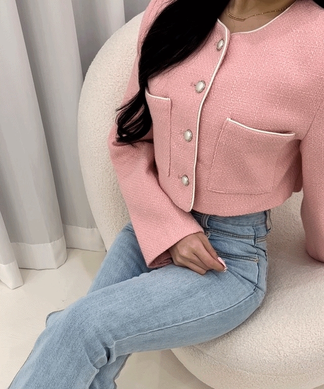 [社長おすすめ] ライン 配色 クロップ ツイードジャケット 3color