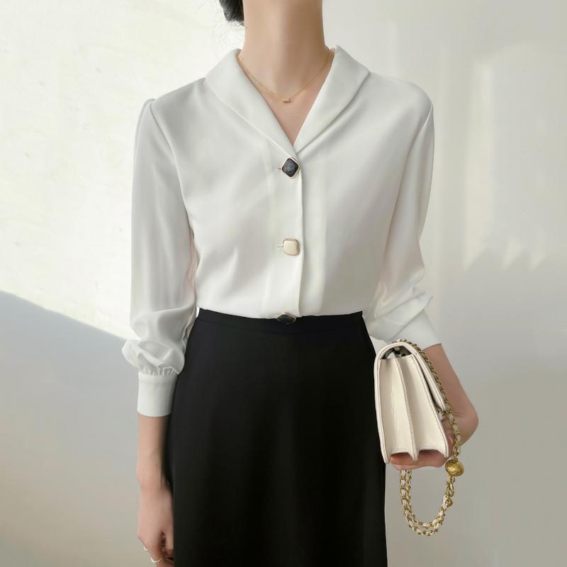 ブラウス シフォンシャツ 白 レディース 長袖 秋冬 おしゃれ ハイセンス 通勤 Vネック トップス オフィス ビジネス フォーマル シンプル 上品