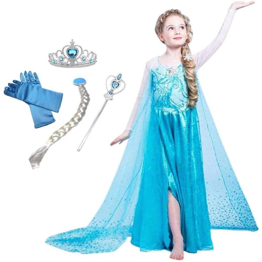 [即纳]新作先行発売エルサ ドレス 子供 コスプレ 衣装 豪華５点 セット ( プリンセス ドレス 手袋 ウィッグ ティアラ ステッキ ) 100 110 120 130 140【短納期】