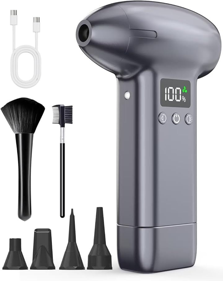 新登場エアダスター 電動エアダスター ブロワー 超強力300000RPM 最大風速120m/s 3段階風力調整 5種類のノズル263 g小型 8000mAhモバイル電源 (銀色です)