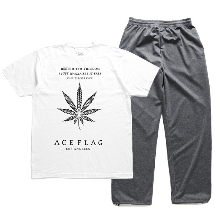 ACE FLAG 上下セット 半袖 ブランド Tシャツ スウェットパンツ 上下 メンズ 春夏用 白 大きいサイズ エースフラッグ セットアップ 大麻 ヘンプ b系