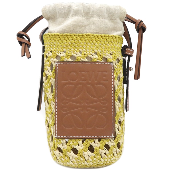 ロエベ LOEWE ショルダーバッグ ラフィア シリンダーポケット ラフィア レザー キャンバス イエロー シルバー金具 黄色 ボトルホルダー 【中古】
