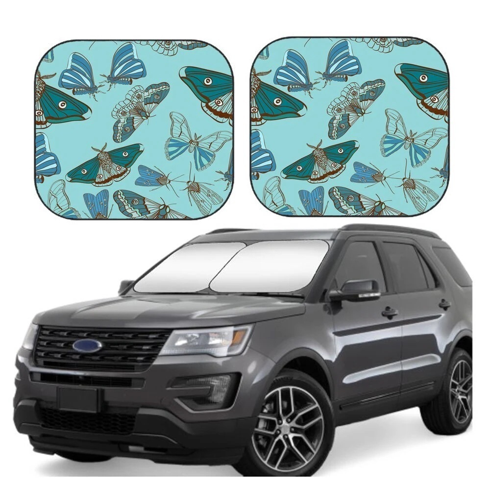 車のフロントガラスサンバイザー かわいい蛾のパターン 2ピースのフロントガラスサンシェード