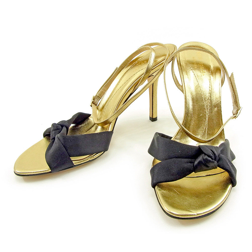 サンダル リボンモチーフ ブラック×ゴールド レディース 中古