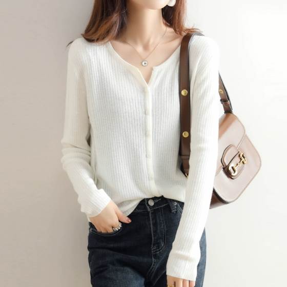 トップス カーディガン 袖付き 長袖 襟なし ラウンドネック 前開き 細身 かわいい 大人可愛い 6,550円