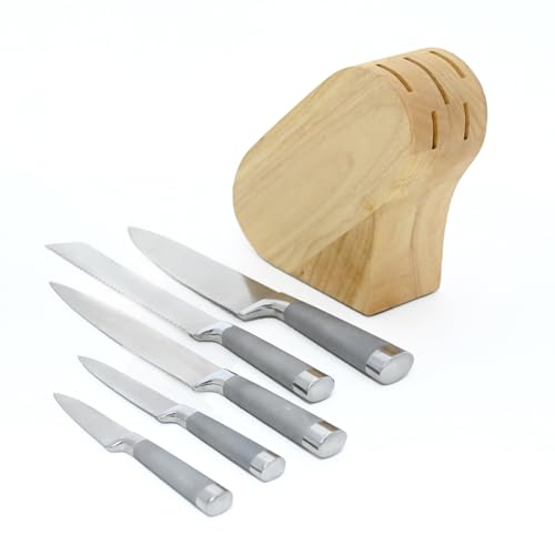 Anna Rossi 5点包丁セット 木製収納台付き【牛刀・筋引き・パン切り・ペティナイフ・果物ナイフ】両刃包丁 包丁立て付き 収納台セット 高マンガン炭素鋼