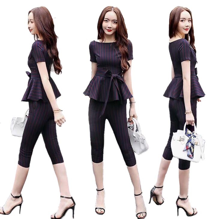 M即納 ペプラム パンツスーツ 半袖 七分丈 ネイビー S-3L セットアップ ヒップ細め 袖あり XFL-3058 パーティー 二次会 結婚式 可愛い リボン パンツドレス 上下セット ツーピース