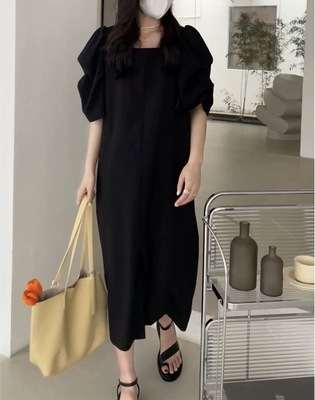 ワンピース ワンピドレス ロング丈 5分袖 五分袖 ボリューム袖 パフスリーブ スクエアネック ストレート スリット サイドスリット ポリエステル かわいい 大人可愛い シンプル おしゃれ かっこいい