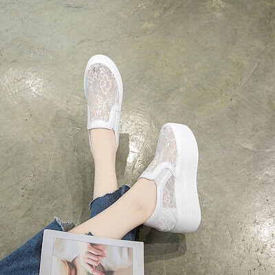 約8cm身長UP厚底靴厚底 スニーカー夏の厚底メッシュくり抜かれた通気性のある女性用レース伸縮性厚底靴