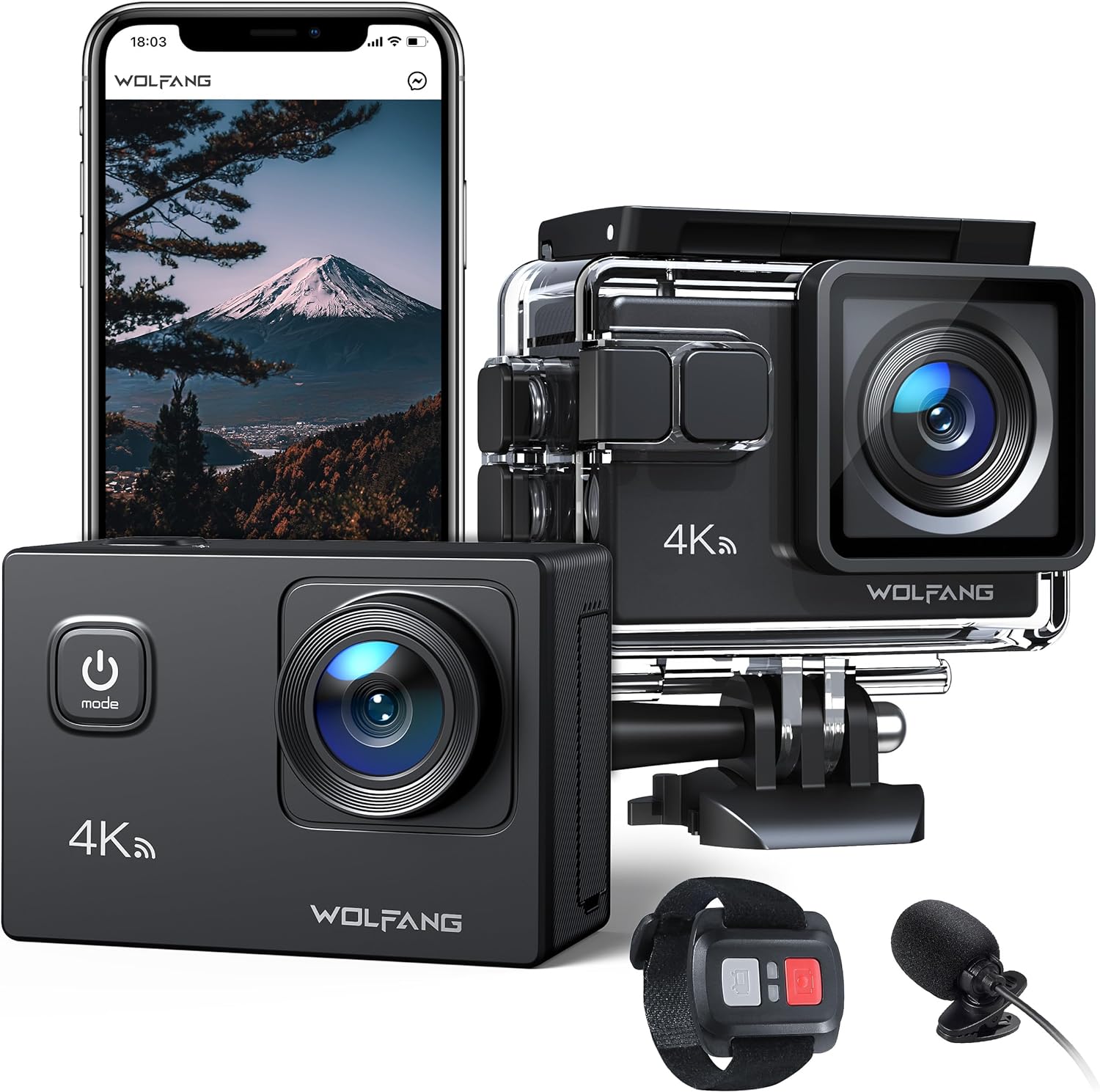 WOLFANG GA100 アクションカメラ 【マイク付き】 4K 20M 防水40M水中カメラ リモコン付き EIS手ぶれ補正 HDMI出力 1050mAhバッテリー2個 リモコン豊富なアクセサリー