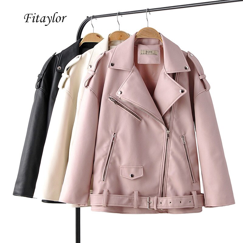 Fitaylor Autumn Women Loose Leather Jackets Turndown Collar Rivet Epaulet Zipper Biker Overcoat Fema