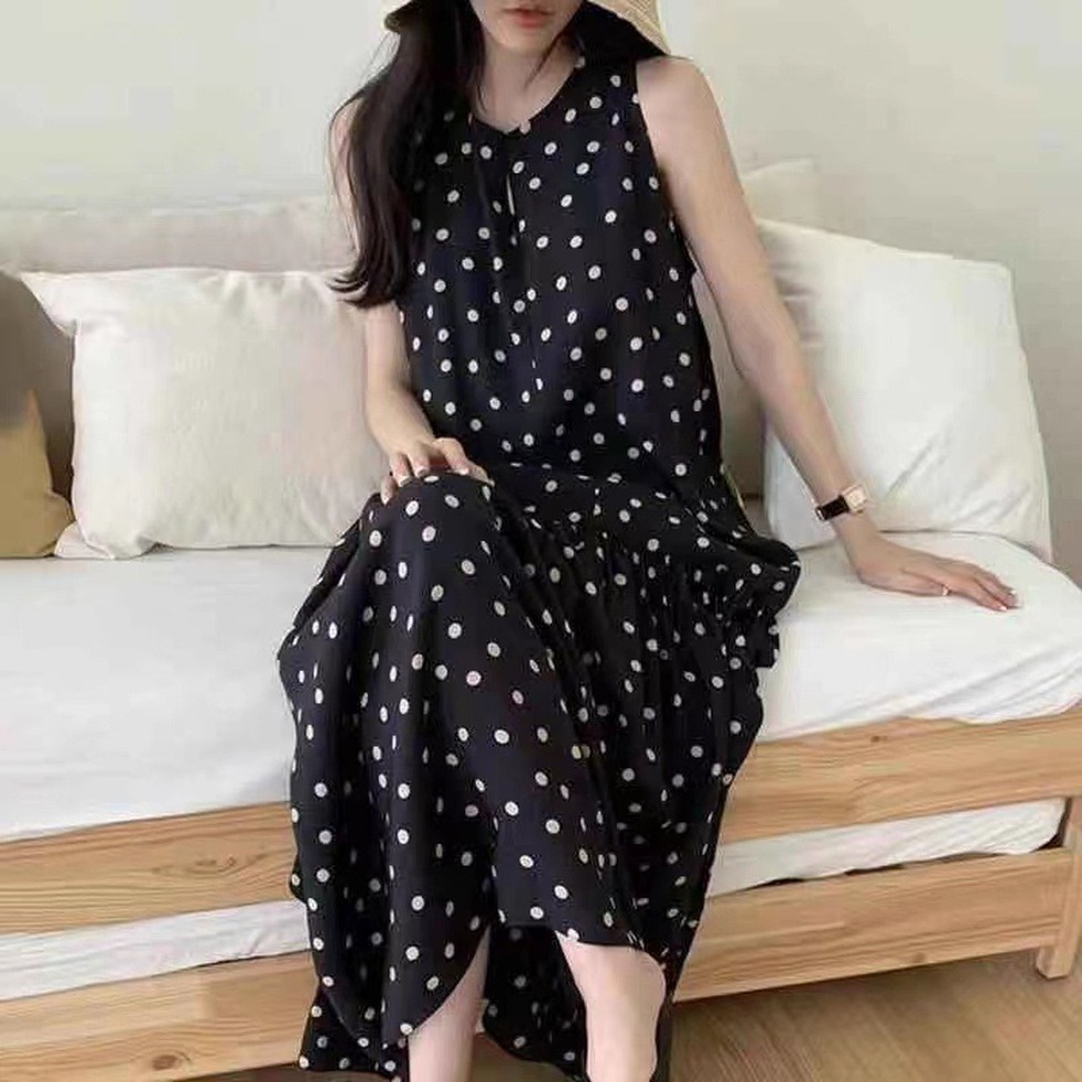 ワンピース ドット柄ワンピース ロングワンピース ノースリーブワンピース ドット柄ロングワンピース ドット柄ノースリーブワンピース ドット柄 クルーネック ネックカット ノースリーブ 袖なし ロング丈