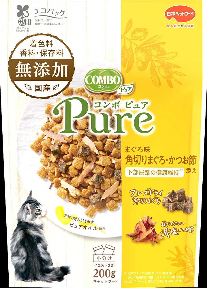 （まとめ買い）日本ペットフード コンボ ピュア キャット まぐろ味/角切りまぐろ/かつお節添え 200g 猫用フード [x12]