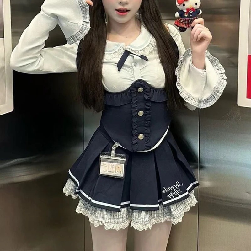 韓国風甘くてプレッピーなレディース 3 ピース セット春と秋: 長袖シャツフィットしたベストハイウエストのプリーツスカート