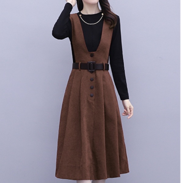 2点セット ツーピース エレガント トップス ワンピース 膝丈 ひざ丈 袖あり 長袖 Uネック ラウンドネック 襟なし Aライン スリムフィット タイトフィット ベルト ポケット ハイウエスト