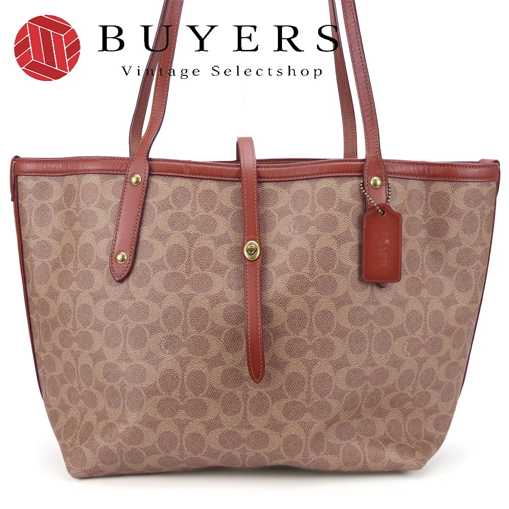 中古 トートバッグ 32714 シグネチャ― レザー PVC ベージュ ブラウン ゴールド金具 肩掛け A4サイズ 通勤 通学 レディース 女性