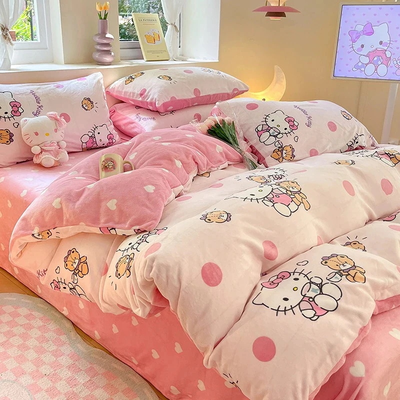 最安値!新品の初発/底値サンリオ牛乳絨毛4点セットkt猫3点セット布団カバー美楽ティシーツ冬