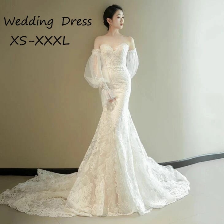【短納期】ウェディングドレス マーメイドライン 白ドレス お花嫁ドレス オフショルダーレース チュール バルーンスリーブ 前撮り 後撮り フォト婚 ブライダル 上品 高級感 結婚式 挙式 韓国風 ロン