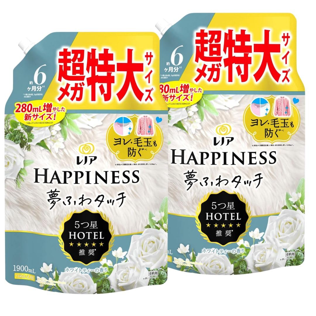 【まとめ買い】[大容量] レ ノ ア ハピネス 夢ふわタッチ 柔軟剤 ホワイトティー 詰め替え 1,900mL×2袋