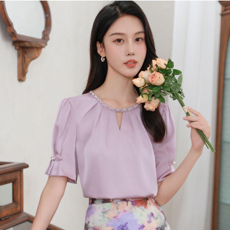 レディース 夏 トップス ブラウス 女性 カジュアル ビーズ シフォン シャツ 半袖 ラウンドネック プルオーバー 通勤 オフィス 薄手 軽量 柔らかい スリム フィット お腹 カバー