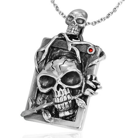 スカルローズステンレスタグ ドッグタグ ドクロ 薔薇 花 髑髏 ネックレス ペンダント 男性 首飾り