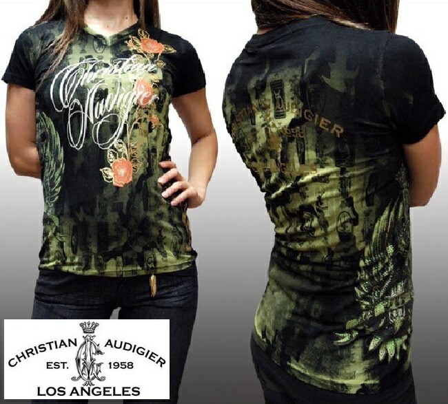セール クリスチャンオードジェー レディース Tシャツ Christian Audigier VIF ROSE ブラック グリーン インポート ハリウッド LAセレブ ファッション セレブ カジュ 9,900円