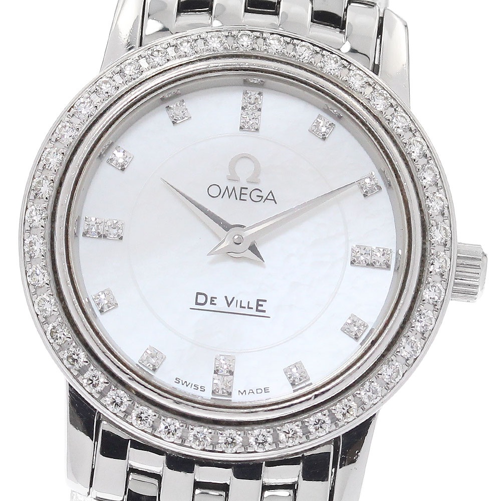 オメガ OMEGA 4575.75 デビル プレステージ 16P ダイヤベゼル シェル文字盤 クォーツ レディース 保証書付き_962116【中古】
