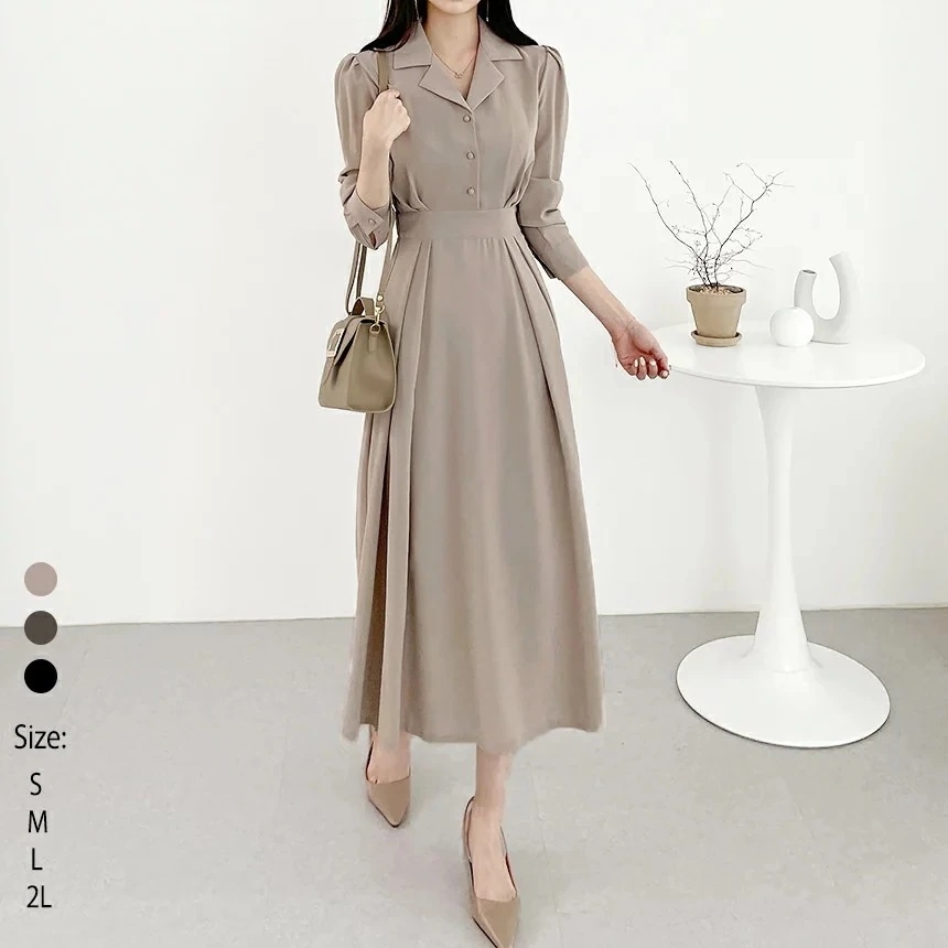 長袖ワンピースシャツワンピースロングワンピースレディース春秋冬秋ロング丈無地Aラインギャザーゆったり大きいサイズ体型カバーきれいめおしゃれ通勤入園式卒業式デザインフォーマルお出かけ