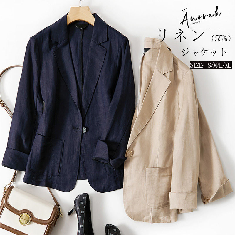 テーラードジャケット レディース 春夏 リネン 麻 大きいサイズ カジュアル リネンジャケット 長袖 麻混 ジャケット フォーマル スーツ トップス 薄手 ボタン ポケット付き スーツジャケット オフ