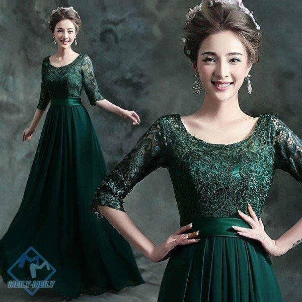 カラードレス グリーン 安い ロングドレス 長袖 aラインドレス 演奏会 結婚式 イブニングドレス