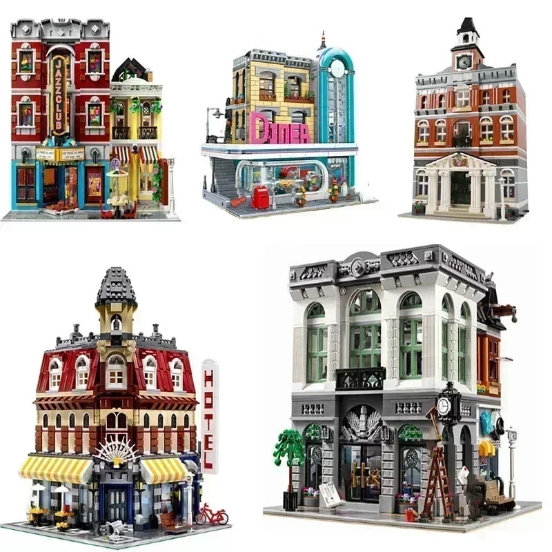 Moc-モジュラービルディングブロック ペットの作成者 エキスパート ブックショップ タウンホール ダイナーのダウンタウン レンガ造りの銀行 カフェコーナー パリのおもちゃ