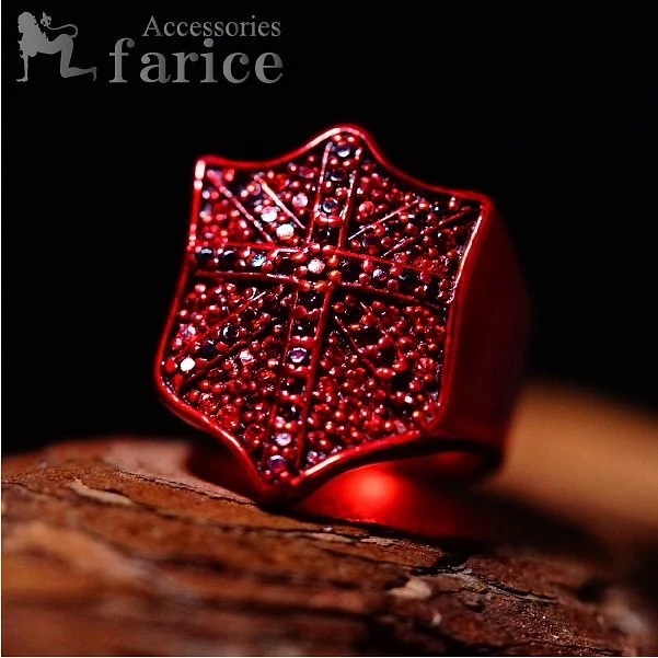 キュービックジルコニアパヴェ メタリックレッドクロスシールド シルバーリング