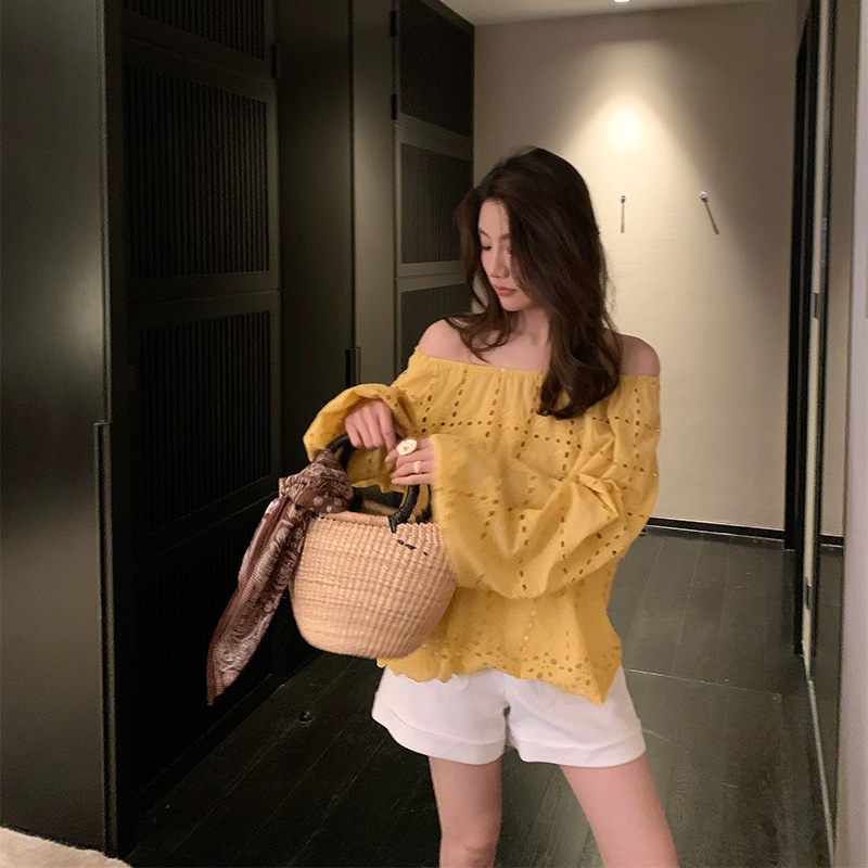 単独で味avor】黄色のミストアイリスロングスリーブシャツオフショルダートップj068