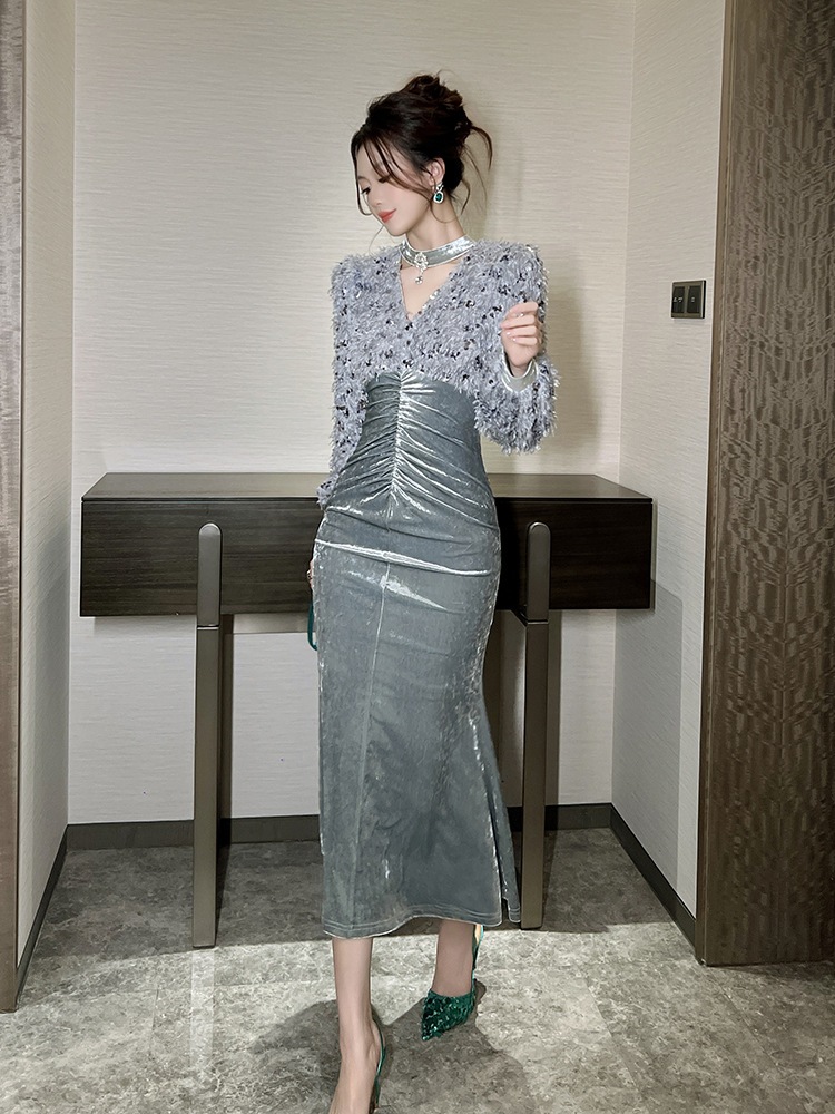 【JY.上品】 秋 もふもふ ドッキング ベルベット ワンピース 皺デザイン ドレス パーティー キャバ 大人 同窓会 披露宴 卒業式 結婚式 演奏会 ウェディング 二次会 メガ割