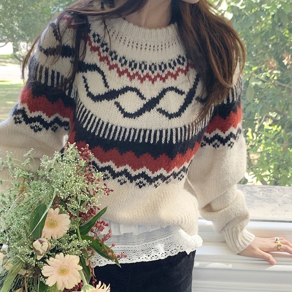 韓国ファッション 配色 ノルディック パターン ラウンド ウール ニット