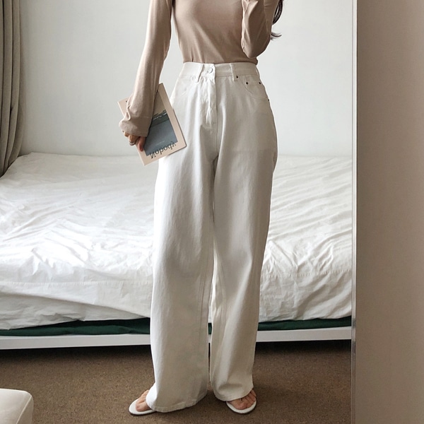 韓国ファッション シンプル ハイウエスト コットン ワイド パンツ
