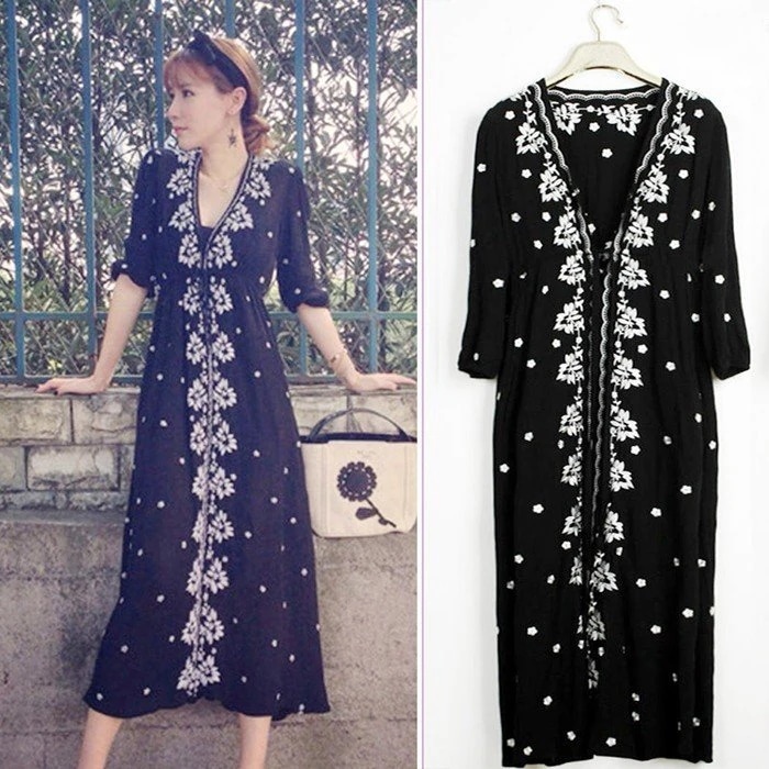 マキシワンピース 長袖 リゾートワンピース ロングワンピース 刺繍柄 結婚式 レディース リネンワン