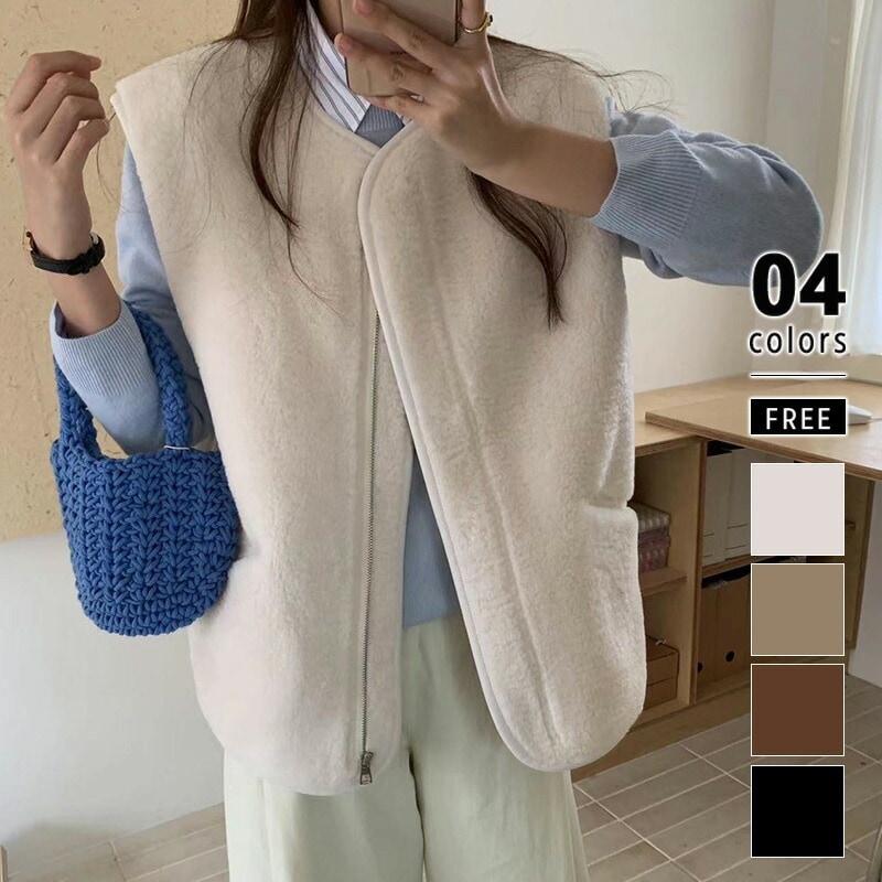 モコモコ Vネック ファスナー付き 羽織 シンプル ジップアップレディースファッション トップス ベスト ジレ