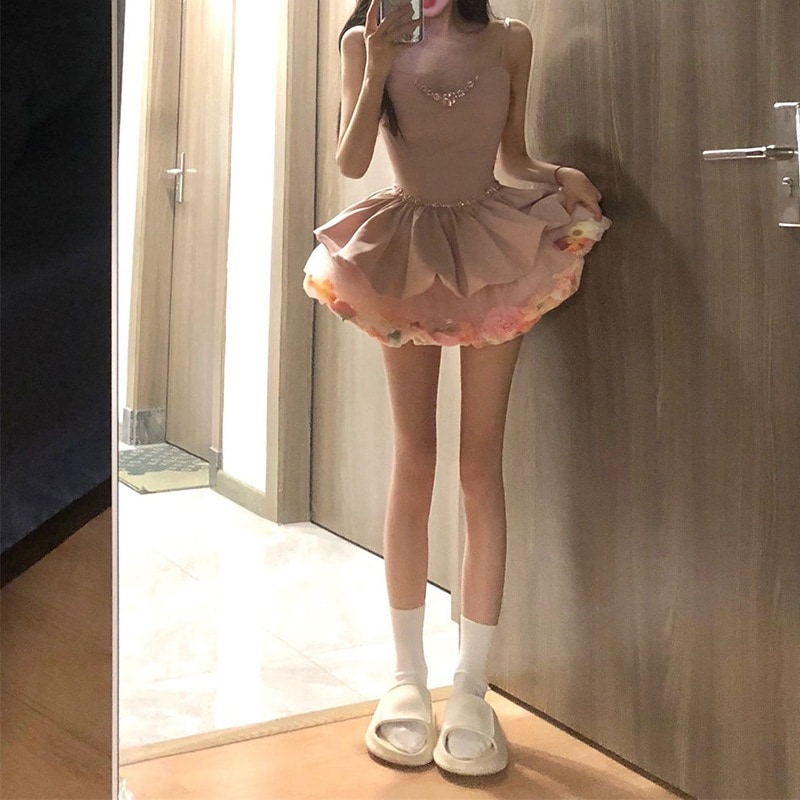 フレンチスイートスタイルのメッシュ花柄パッチワークサンドレス（女性用）夏エレガントスリムフィットチューリップスカート